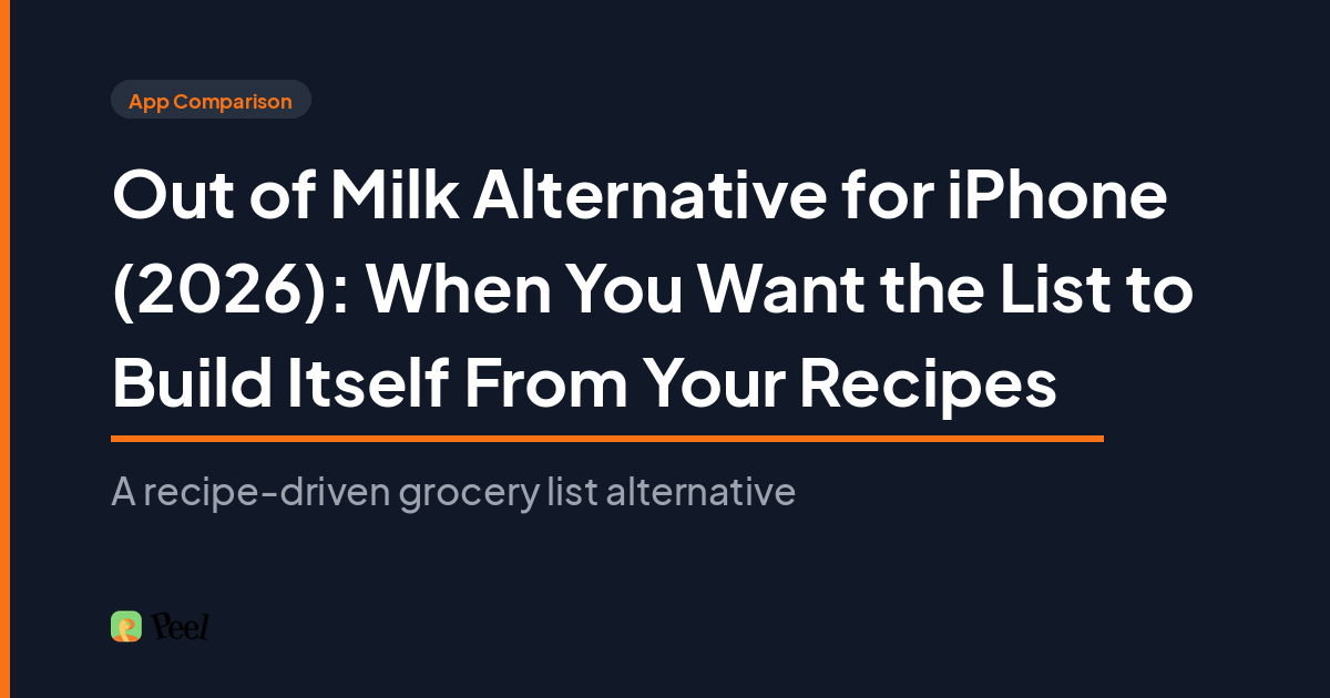 Out of Milk alternative iPhone comparison showing Peel turning planned recipes into a grocery list