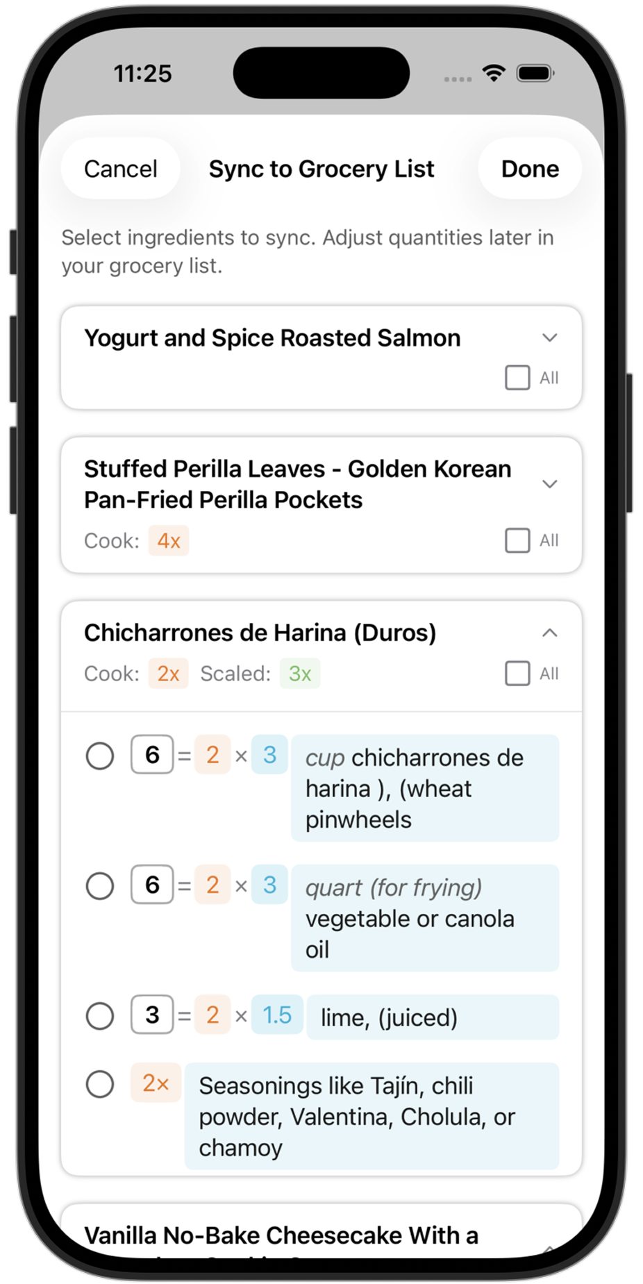 Sync recipe ingredients to grocery list