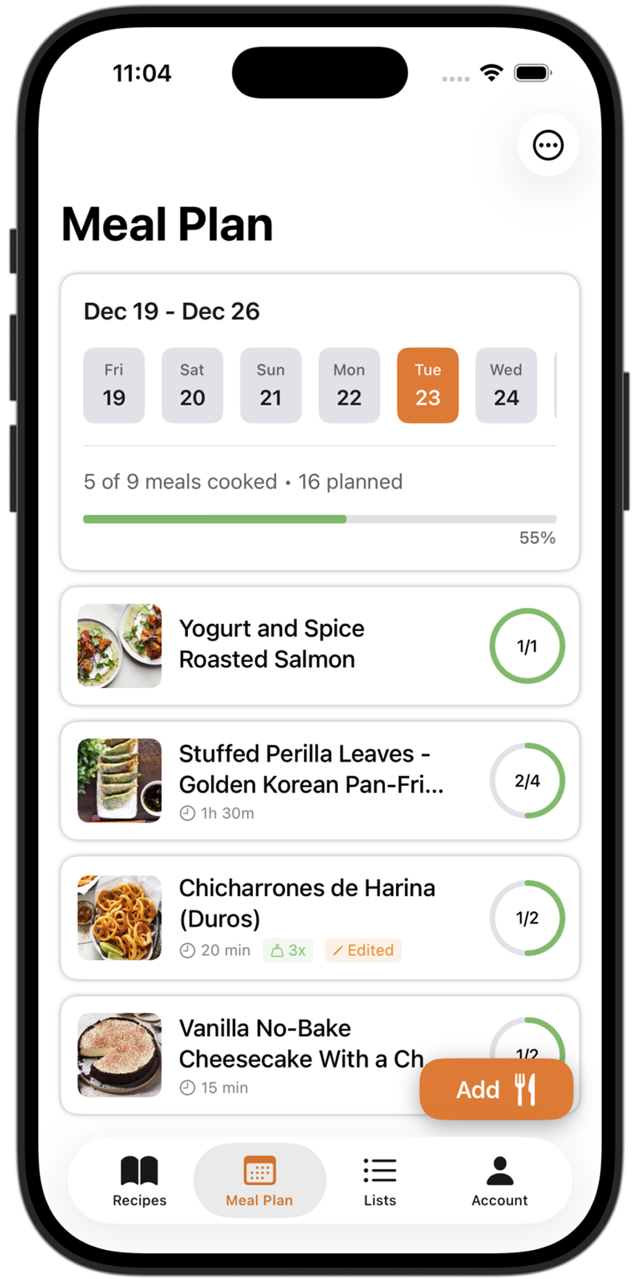 Peel meal pool showing recipe options for the week