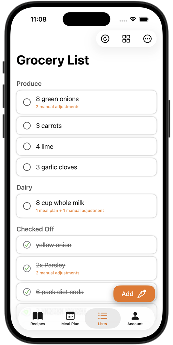 Partner A's grocery list