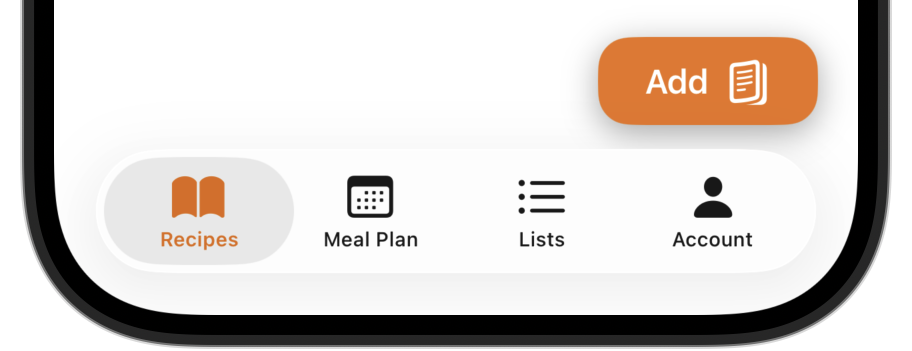 Add recipe menu showing import from website, social media, photo, or manual entry