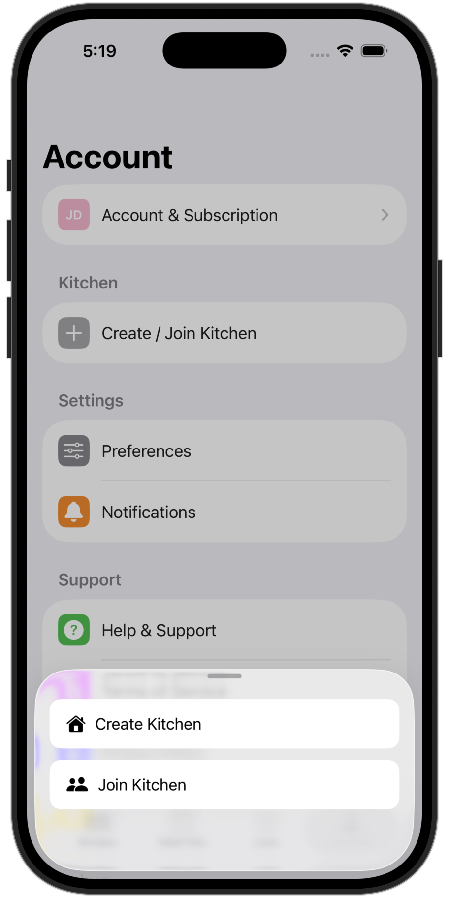 Peel kitchen setup screen showing create new kitchen or join existing options