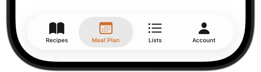Peel app main interface showing Recipes, Meal Plan, Grocery List, and Account tabs