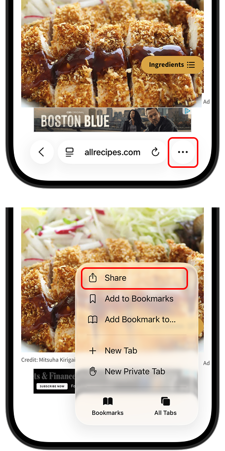 Step 2: Tap the share button on the recipe