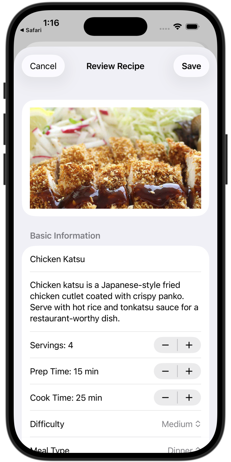 Step 4: Recipe saved with extracted ingredients and steps
