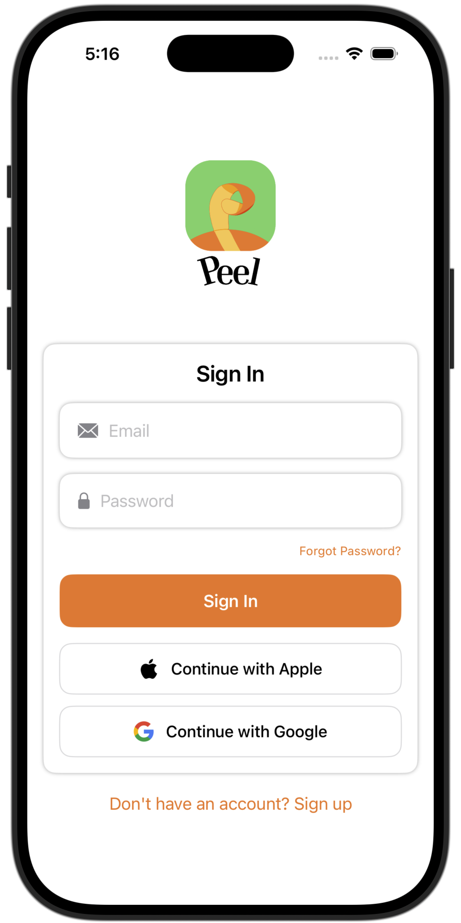 Peel app sign-in screen with Apple, Google, Email, and Guest login options