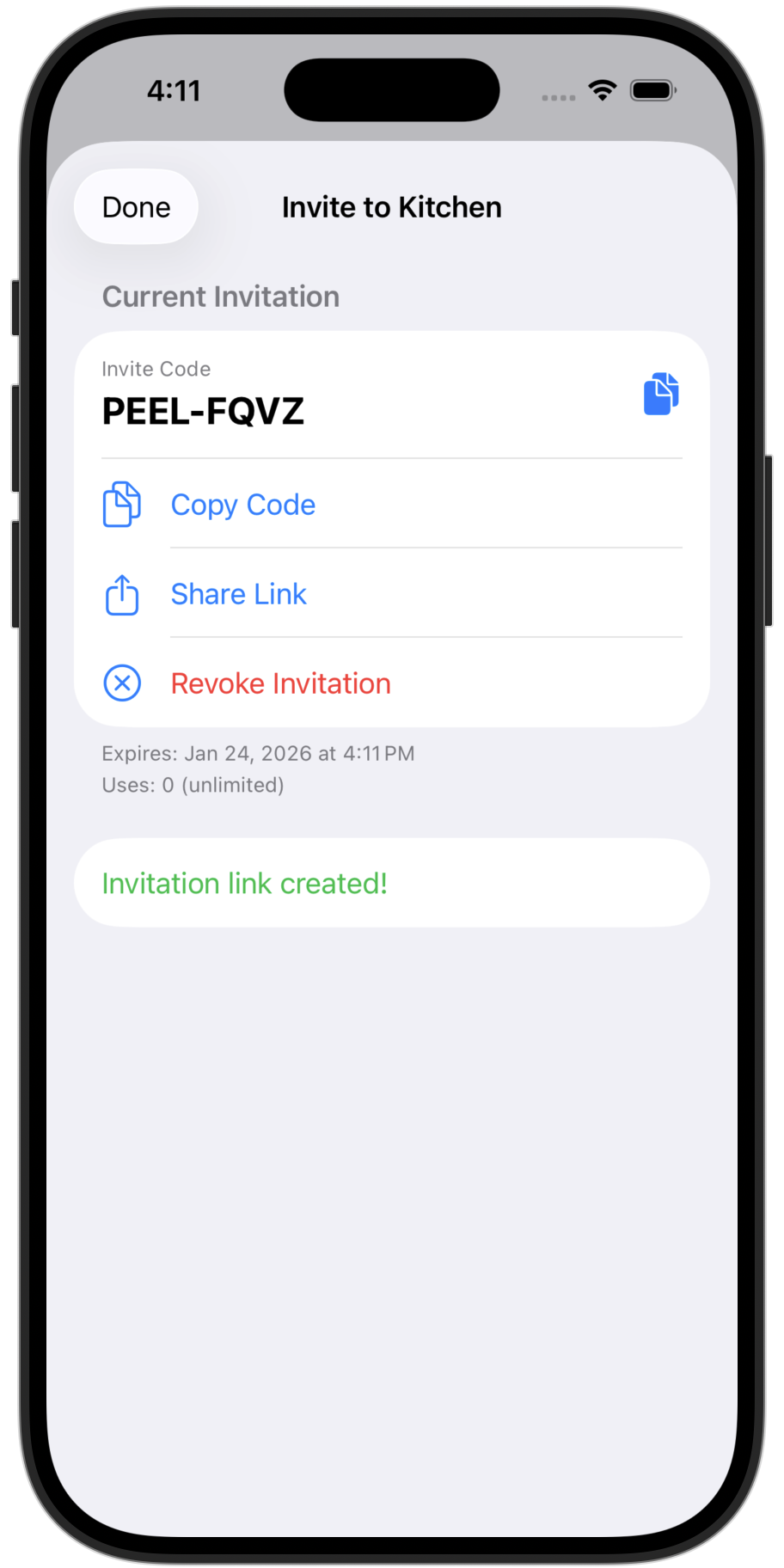 Generate invite code to share kitchen with partner