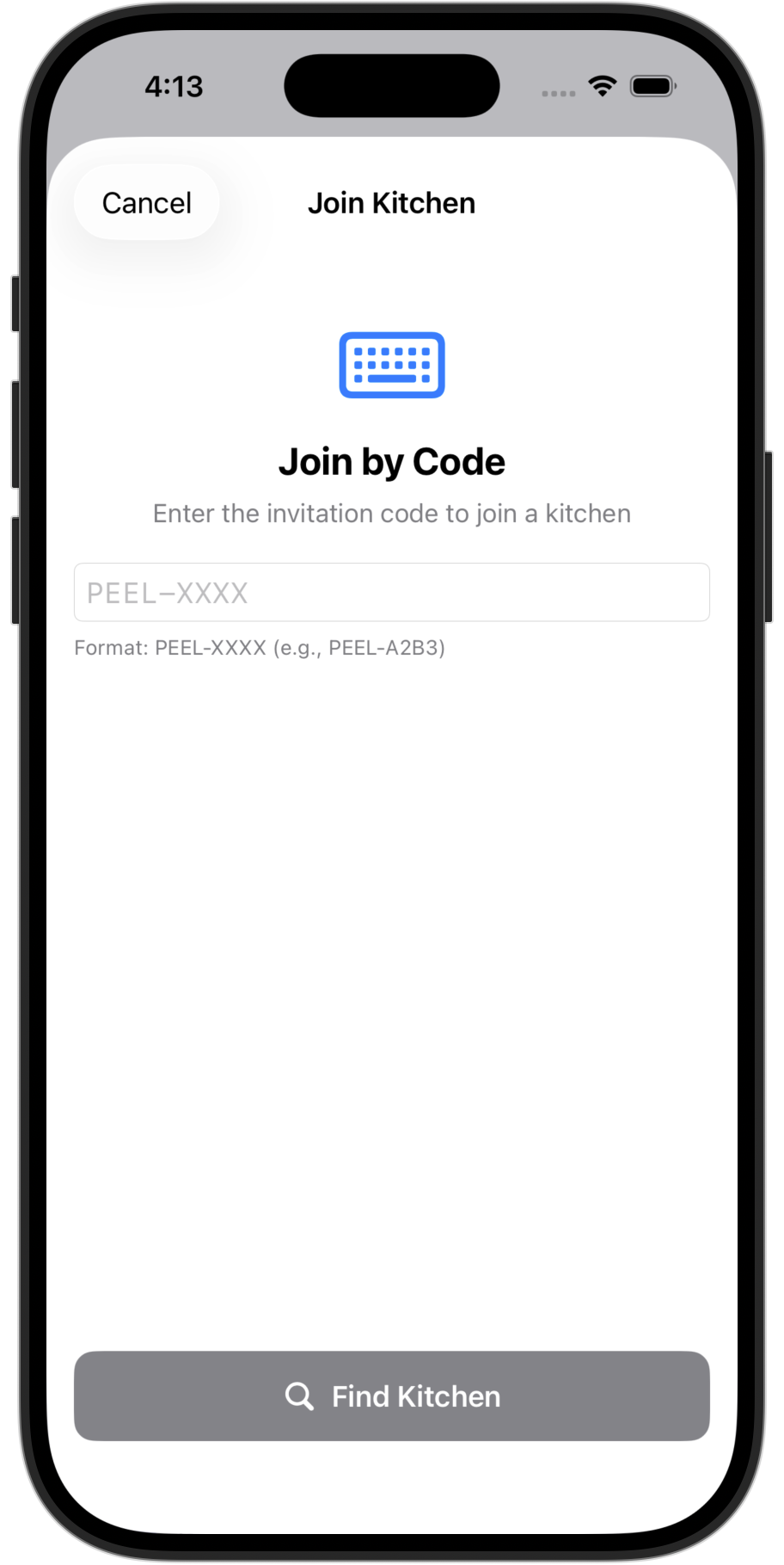 Enter invite code to join a shared kitchen