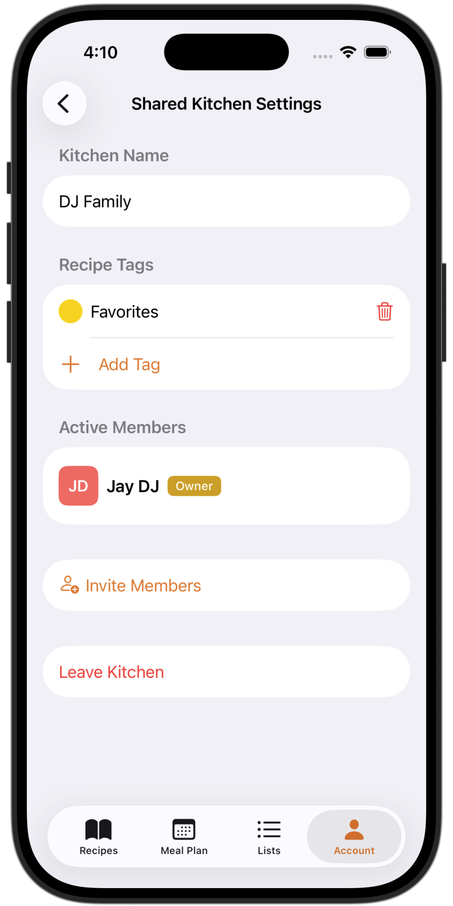 Kitchen settings showing personal and shared kitchens