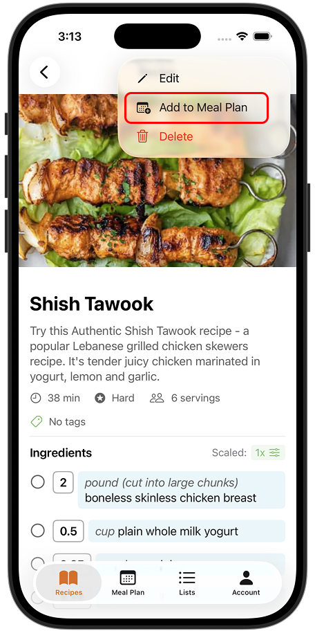 Add to Meal Plan button on recipe detail screen