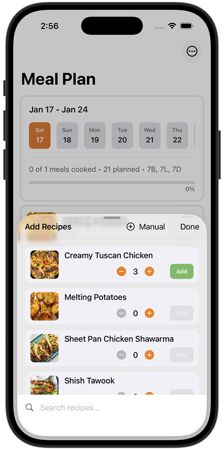 Recipe picker to add meals to your weekly plan