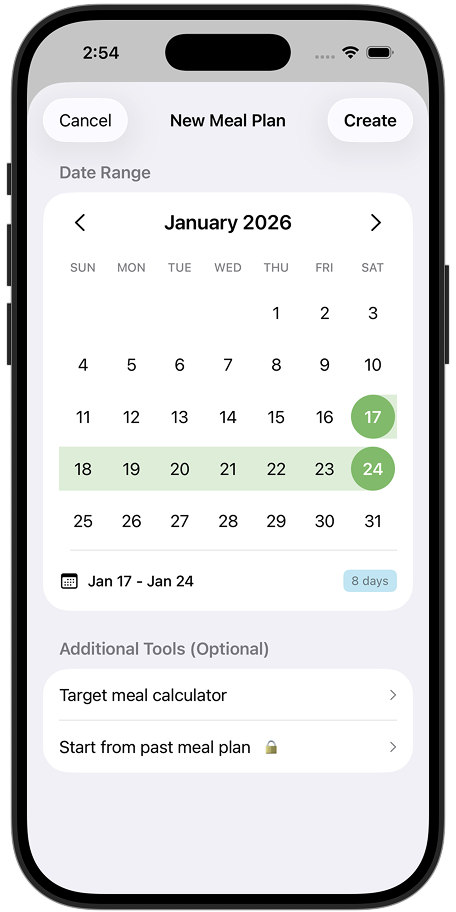 Select date range for your meal plan
