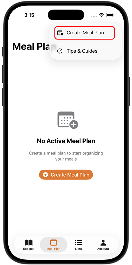 Create new meal plan button in Peel app