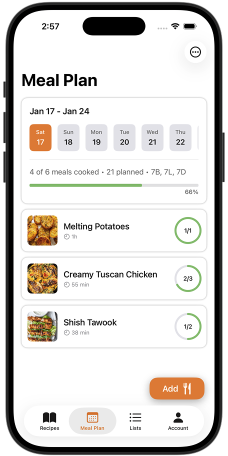 Meal plan pool showing recipes to cook this week
