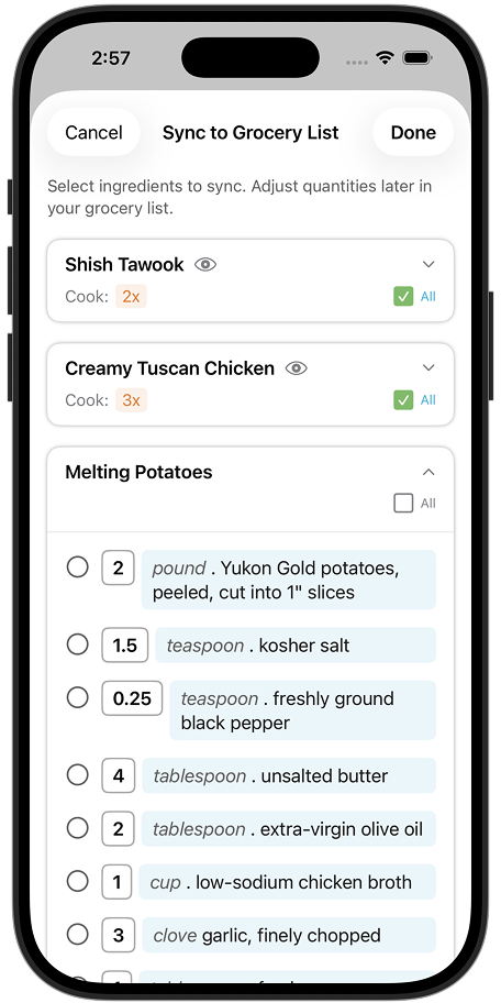 Sync all meal plan ingredients to shared grocery list