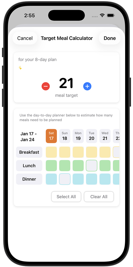 Set your weekly meal cooking target goal
