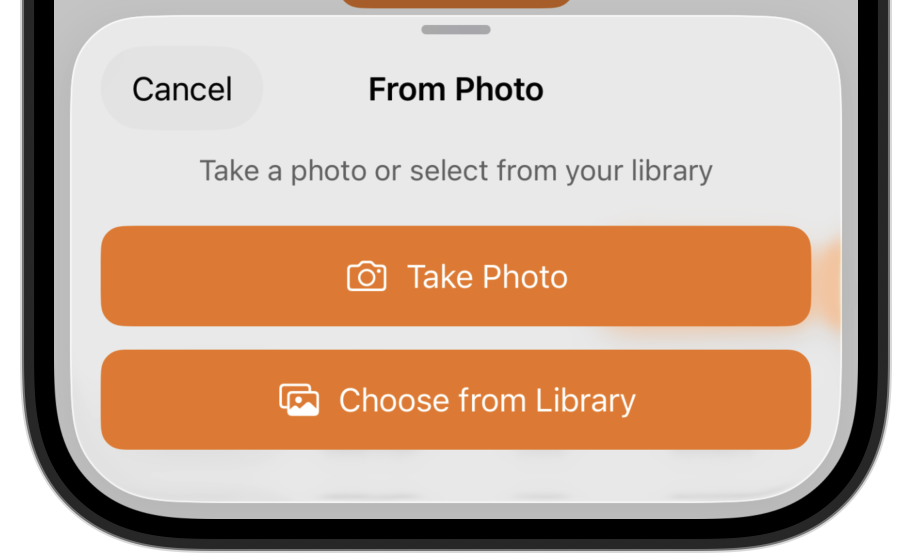 From Photo option in Peel's add recipe menu for scanning cookbooks