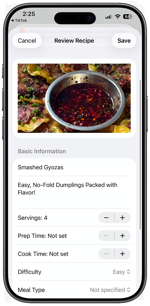 Step 4: TikTok recipe saved with AI-extracted ingredients