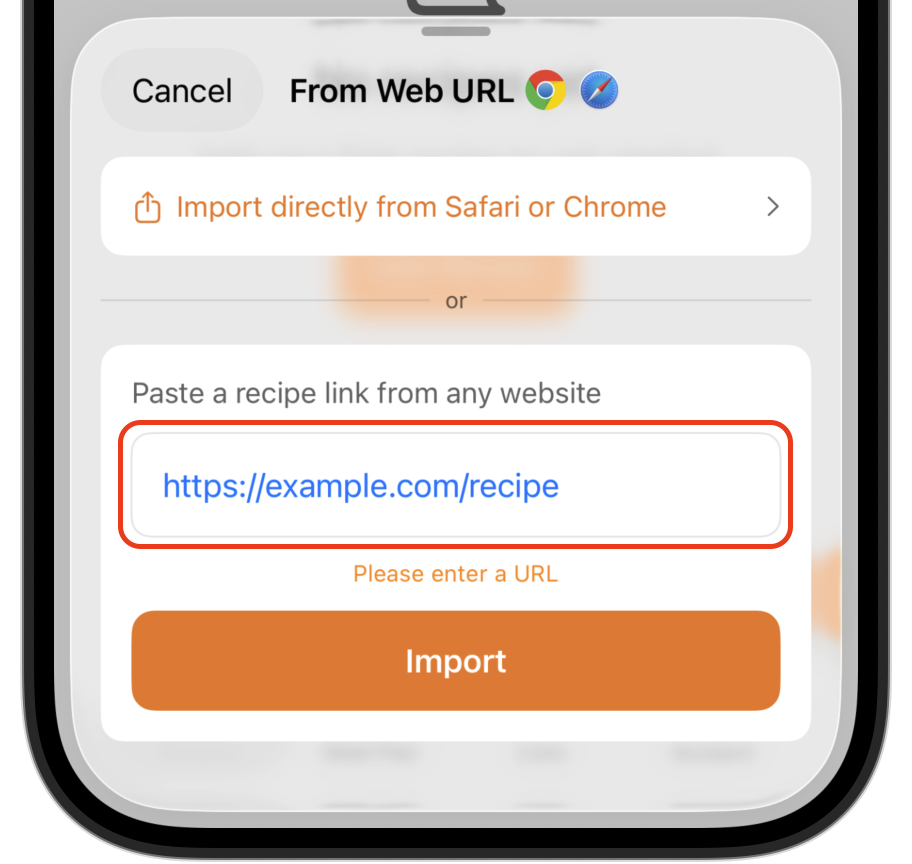Paste recipe URL input screen in Peel app
